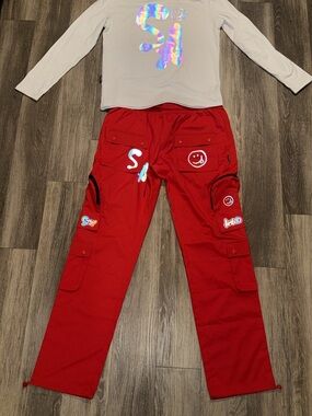 Red Cargo Pants & White Shirt with Reflective Accents